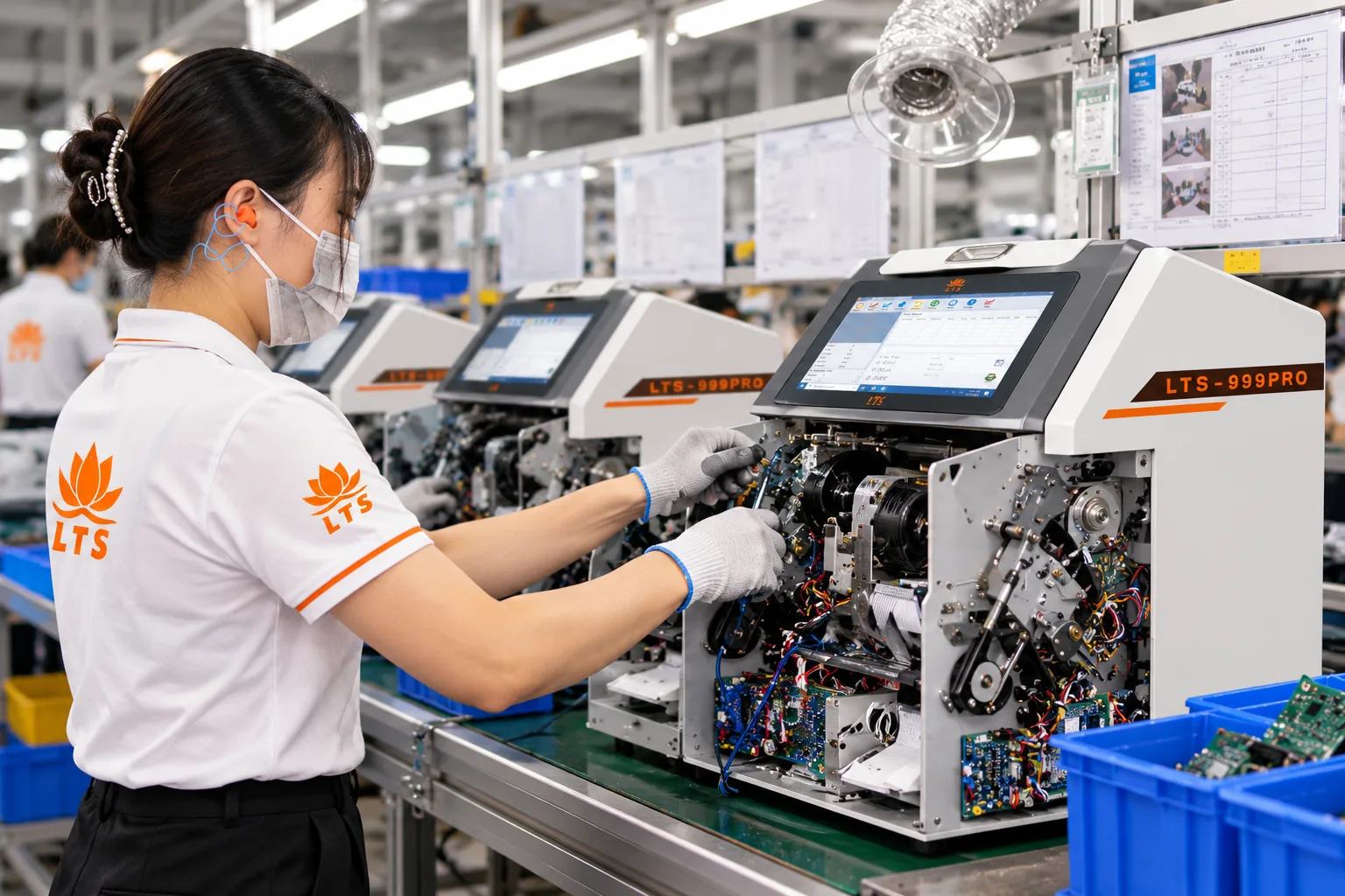A technician in an LTS uniform working on LTS-999PRO machines along an assembly line